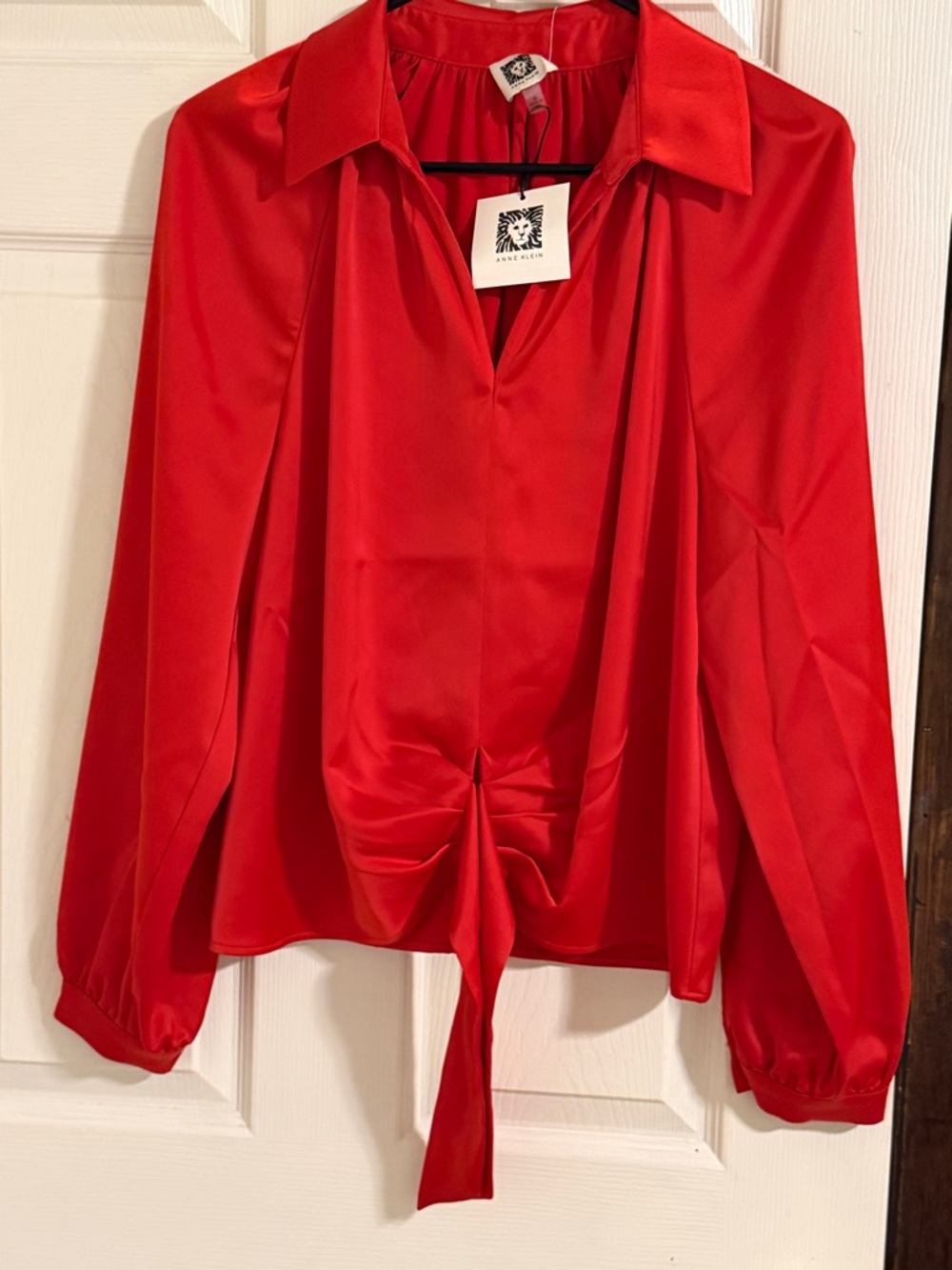 Anne Klein Red Satin Tie-Front Button Down Blouse - Picture 2 of 4